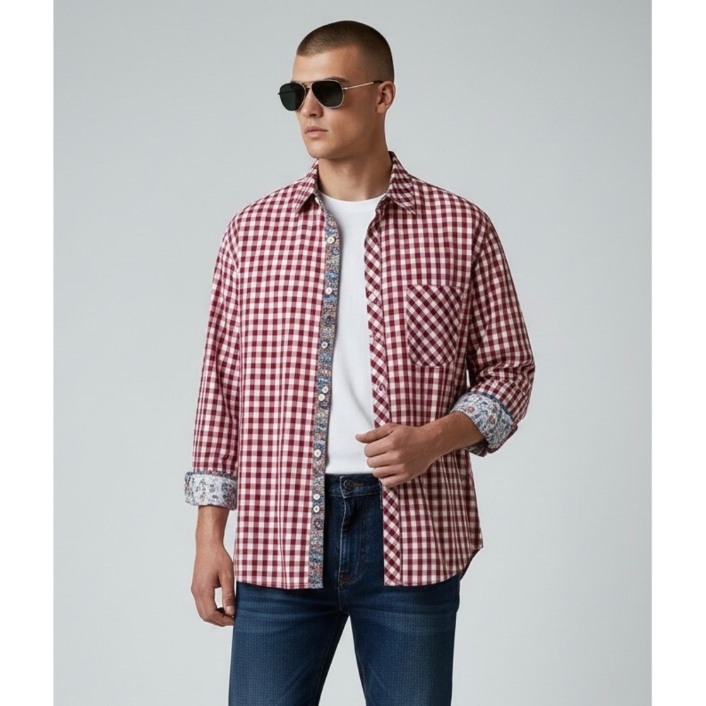 English Laundry Burgundy Gingham Check Button Down Shirt Size Large